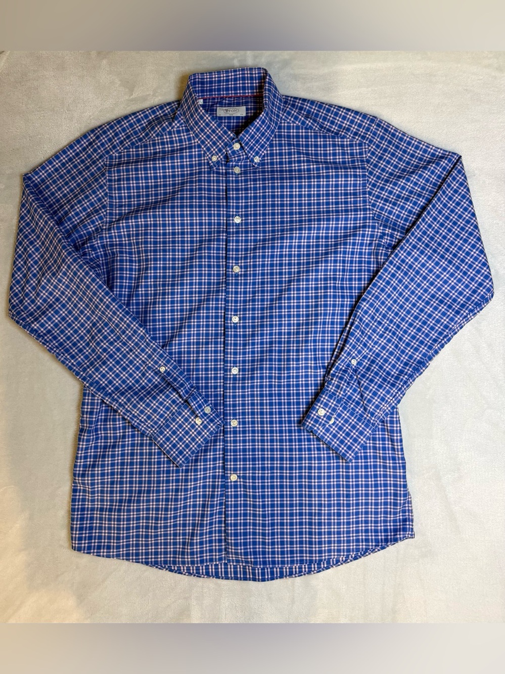 ETON Men’s Button Down Plaid Blue/Pink Sz 44 17.5 Neck Slim Fit